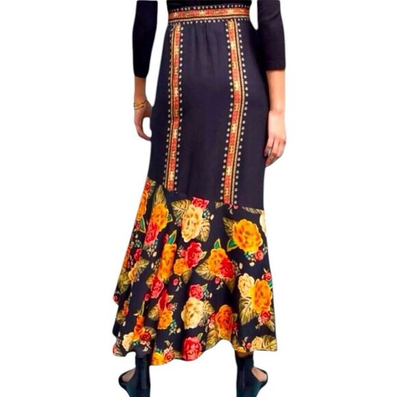 Farm Rio Anthropologie Maxi Skirt Y2K Boho Art Floral Ruffled Asymmetrical Sz XL - Picture 4 of 13